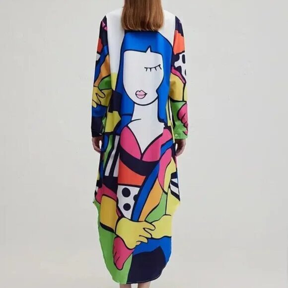 Art Decor Geometric Button Down Straight Fit Long Dress - Picture 3 of 10